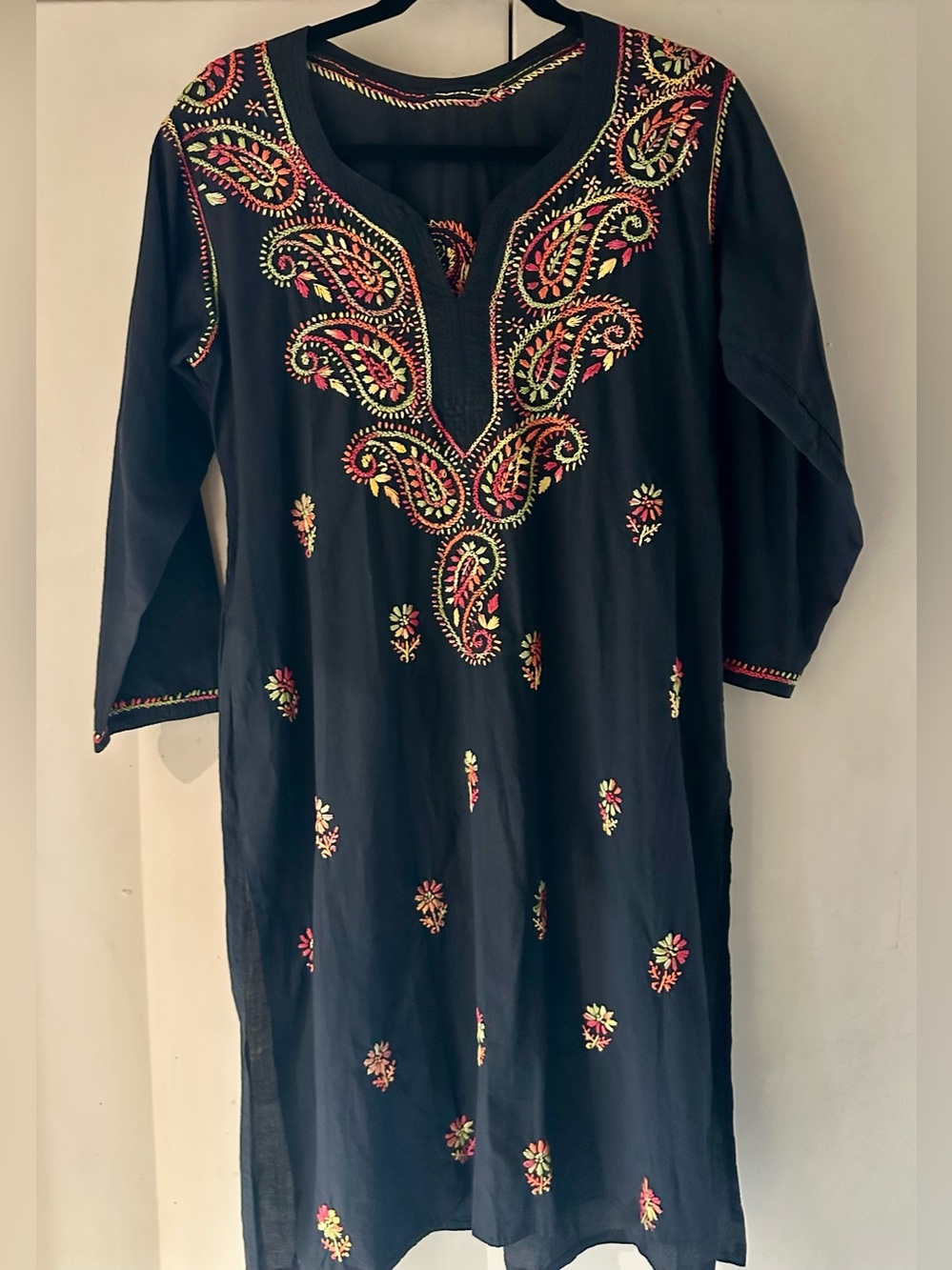 Vibrant Kashmiri Aari Embroidered Black Cotton Kurti Tunic Dress Paisley/Floral